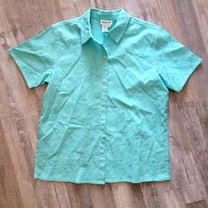 Coldwater Creek Linen Blean Teal Blue Palm Tree Shirt Size Medium
